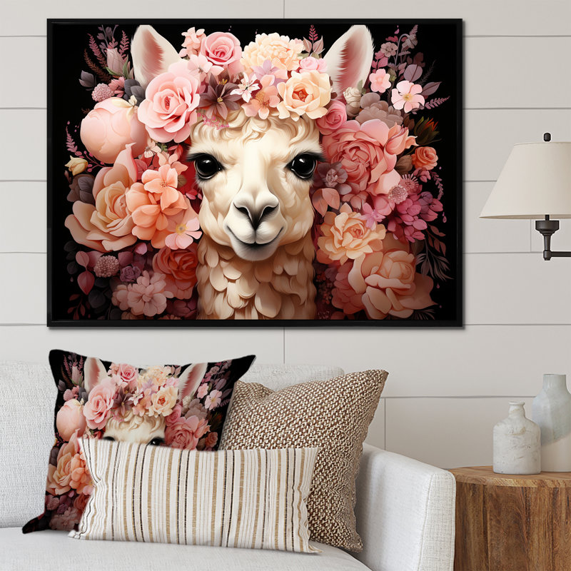 Fleur rose, couronne d'alpaga, art mural, Cadre flottant noir, H 34 po x l 44 po x P 1,5 po