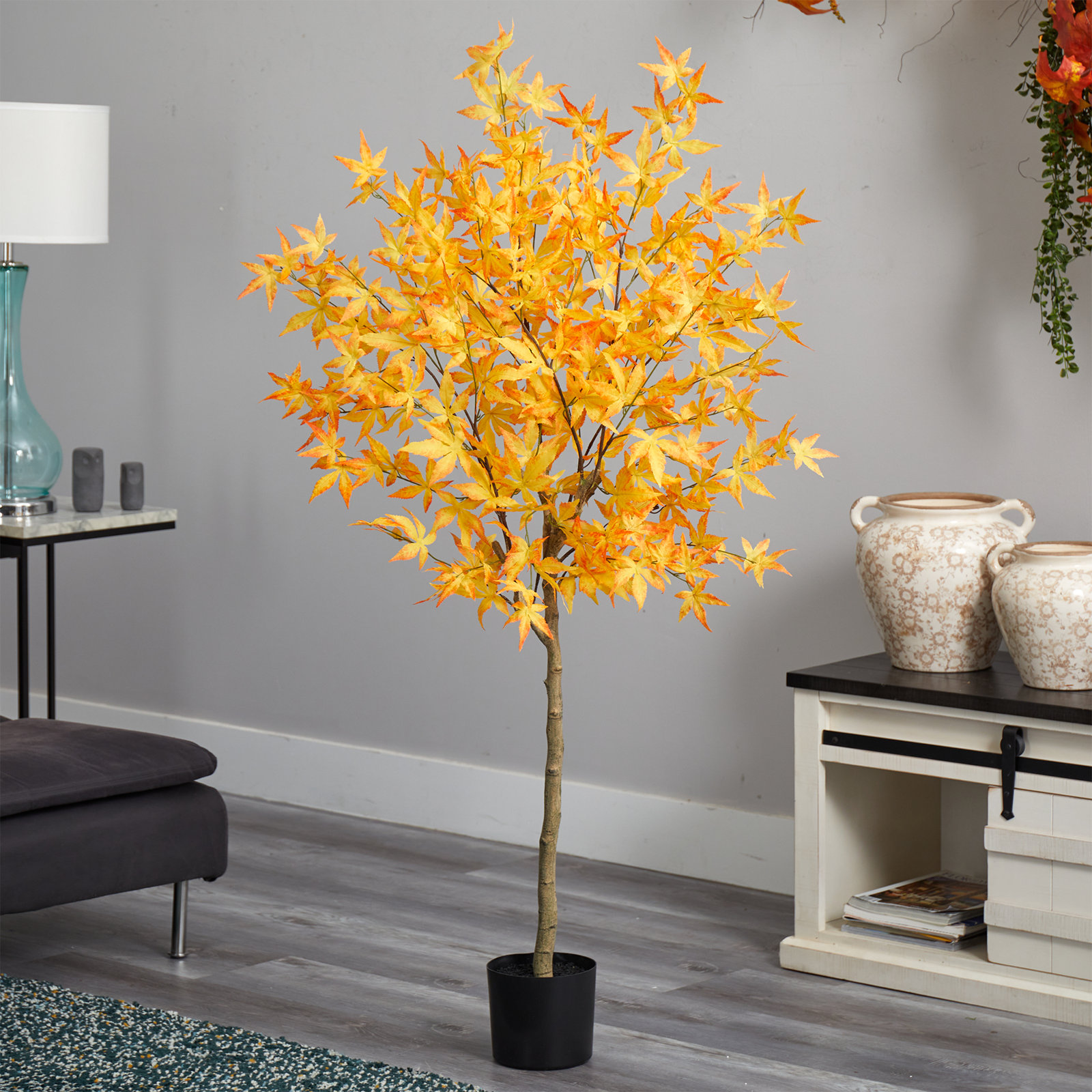 Faux Maple Tree in Freestanding, 60" H x 19" W x 12" D, Yellow
