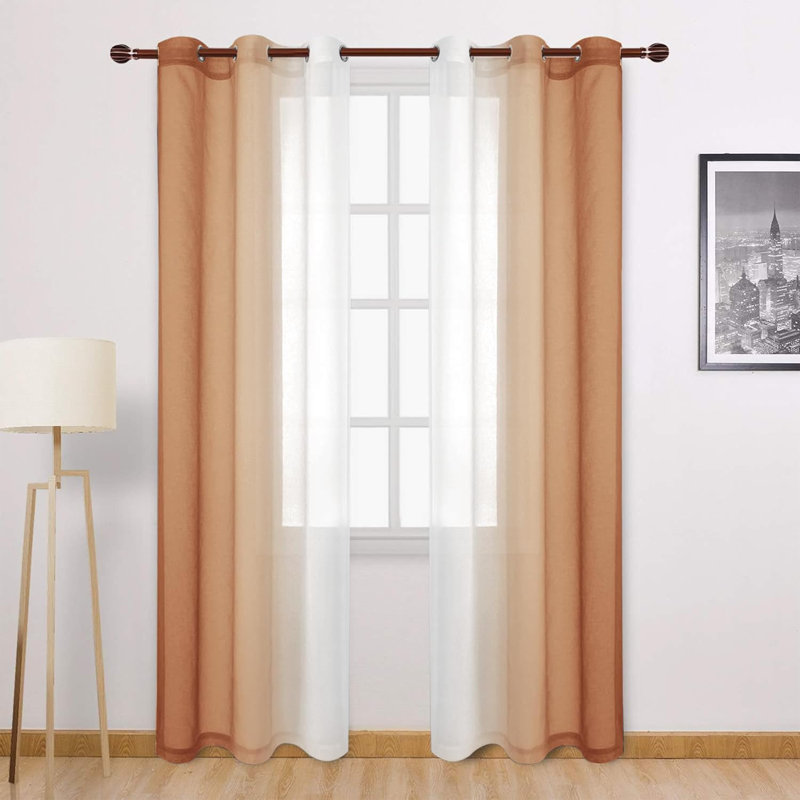 2 Panels Ombre Sheer Curtains Faux Linen Semi Voile Gradient Farmhouse Style Curtains, Grommet Top Window Drape Panels for Bedroom and Living Room
