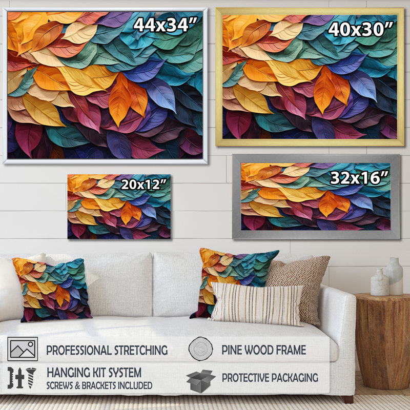 «Colorful Leaves Collage III - Leaves», reproduction sur toile encadrée, Cadre simple noir, H 34 po x l 44 po x P 1,5 po