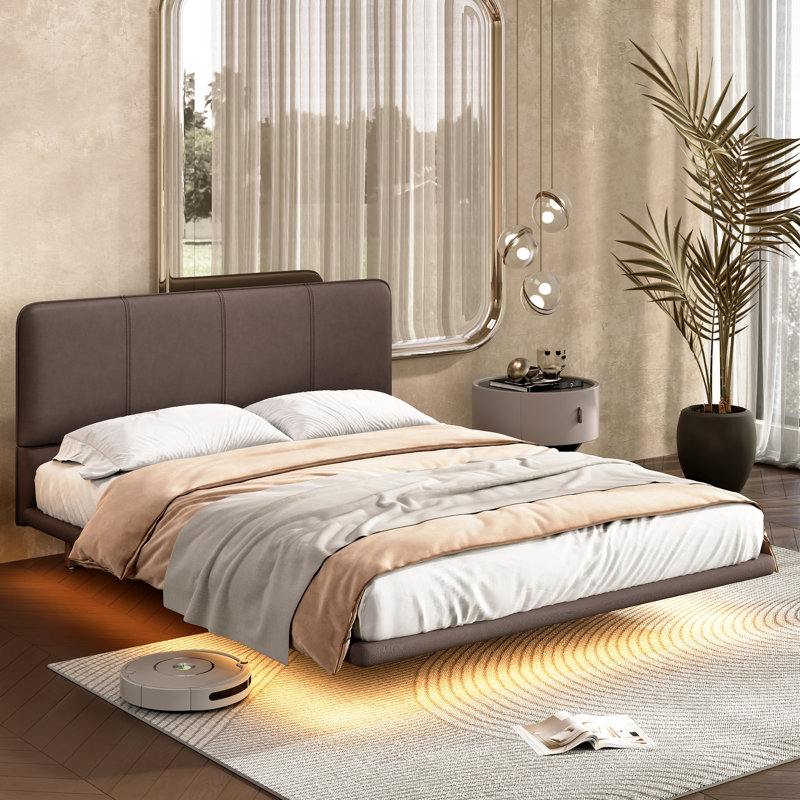 Floating Bed Frame With Remote - Controlled Led Lights, Full Size Modern Pu Leather Platform Bed, Coffee Color, Structure, Simple Setup And Under Wood, Coffee, Installation
