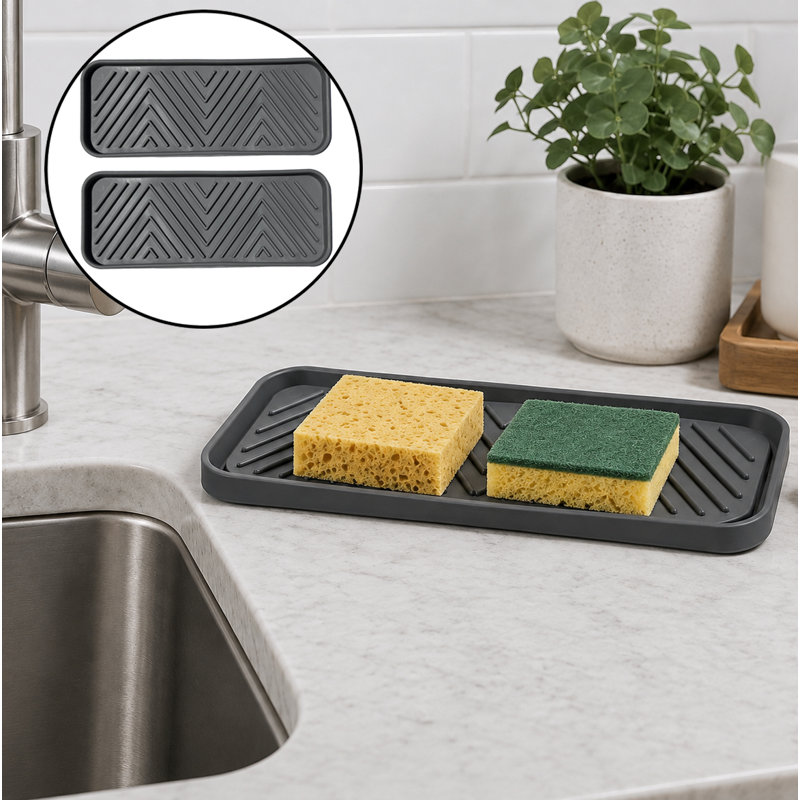 Tapis de plateau gris antidérapant avec support pour évier de cuisine TPR - paquet de 2