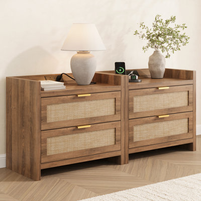 Table de chevet en rotin avec station de charge, 2 tiroirs de rangement, chêne caramel