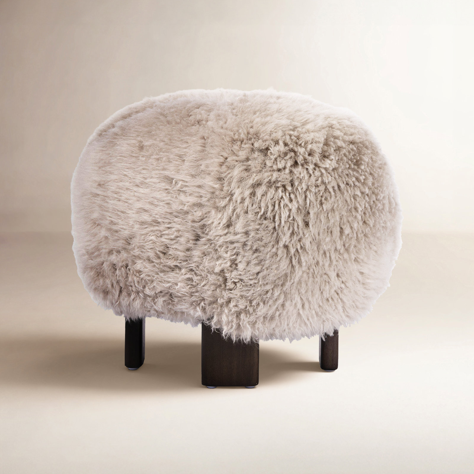 Genna Upholstered Ottoman, Taupe Mongolian Genuine Fur
