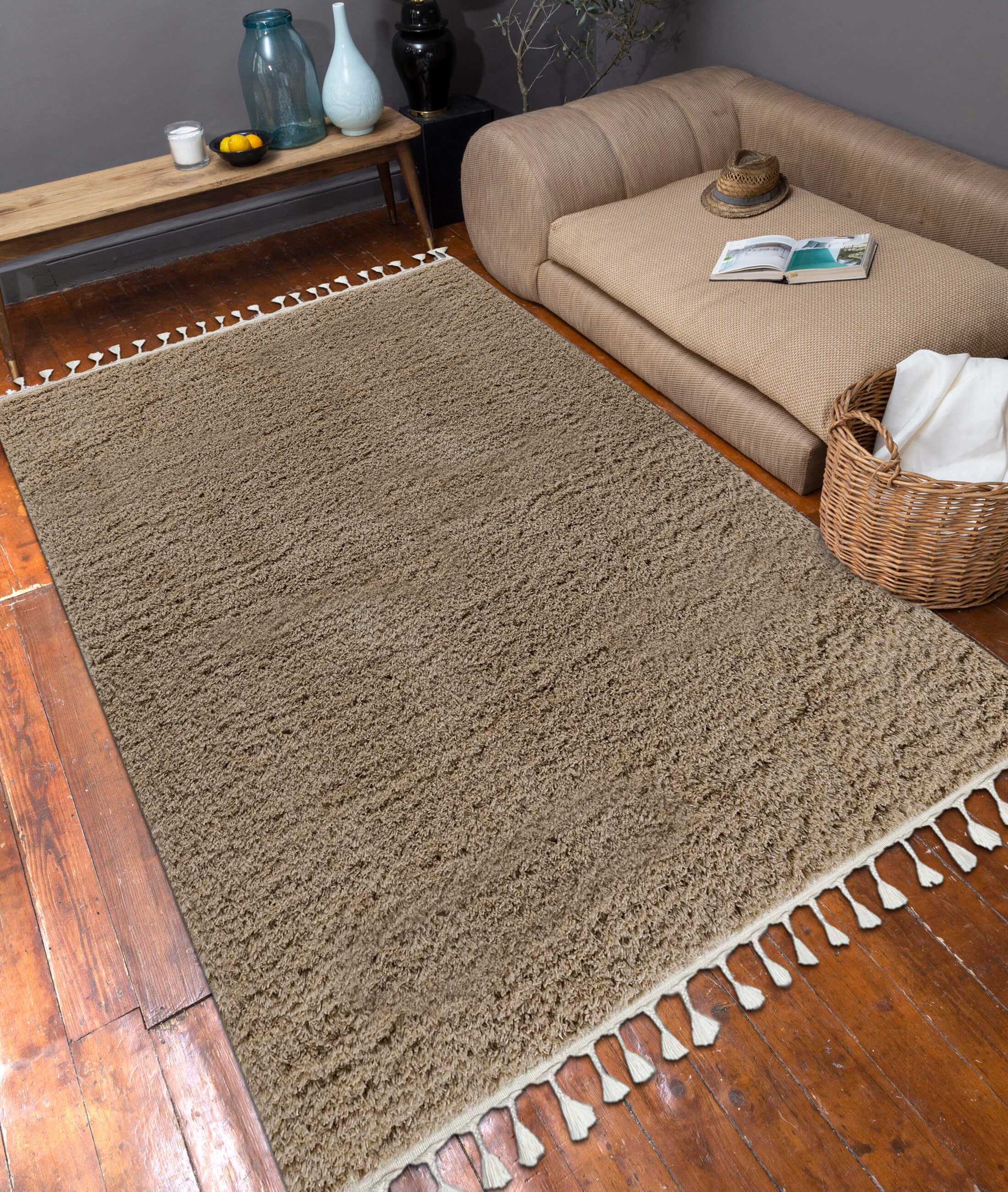 Machine Made Polyester Rugs Latitude Run® Marquarious Shaggy Plain Design Brown Carpet Machine Made ...