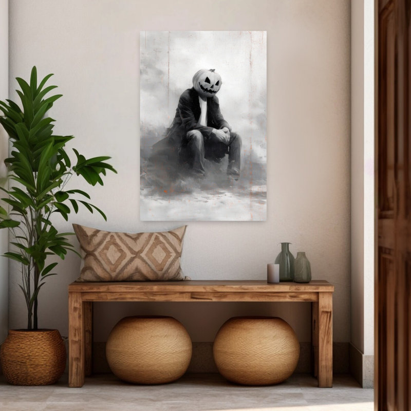 Art mural d'automne contemporain «Lonely Pumpkin Man», H 48 po x l 32 po
