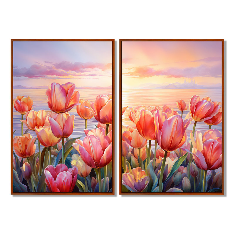 Tulipes coucher de soleil IV - art mural rose, H 36 po x l 48 po, Reproduction encadrée sans passe-partout, Brun