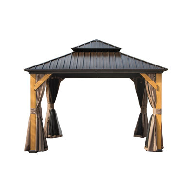 Hardtop Gazebo, Outdoor Cedar Wood Frame Canopy with Galvanized Steel Double Roof, Outdoor Permanent Metal Pavilion with Curtains and Netting for Patio, Backyard and Lawn