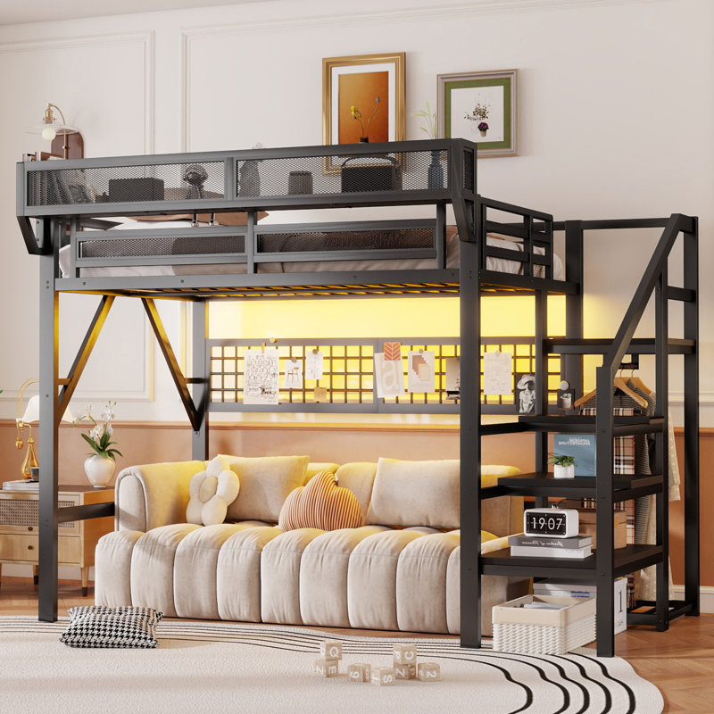 Full Size Metal Loft Bed with Stairs, LED Light, Wardrobe and Storage for Kids Teens Adults, Black, Full