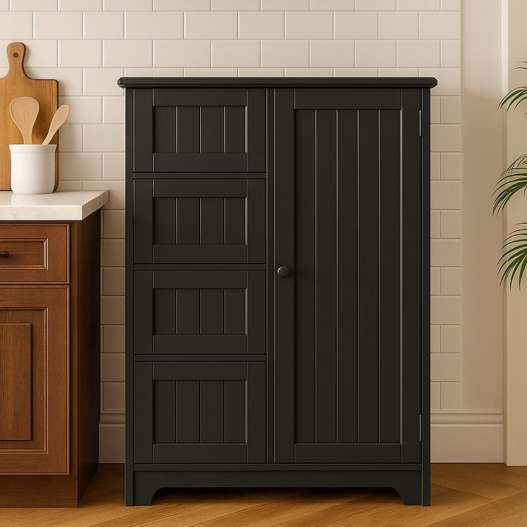 Commode à 4 tiroirs de 23,6 po avec porte de grange coulissante, armoire de rangement, Noir