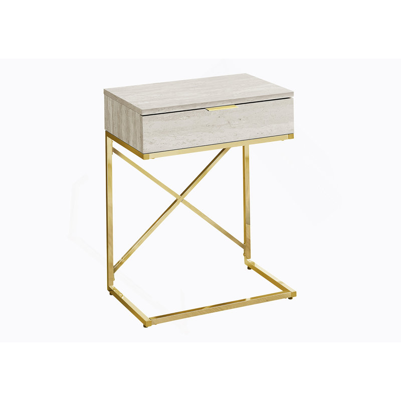 End Table, Side, End, Nightstand, Storage Drawer, Beige Marble Look Laminate, Gold Metal, Beige/Gold