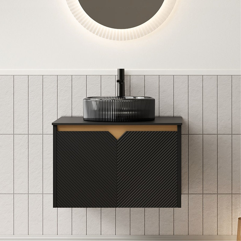 Meuble-lavabo de 61 cm (24 po), lavabo rond transparent noir, comptoir en pierre frittée, design symétrique en sergé, mécanisme de fermeture amortie, contreplaqué en bois massif