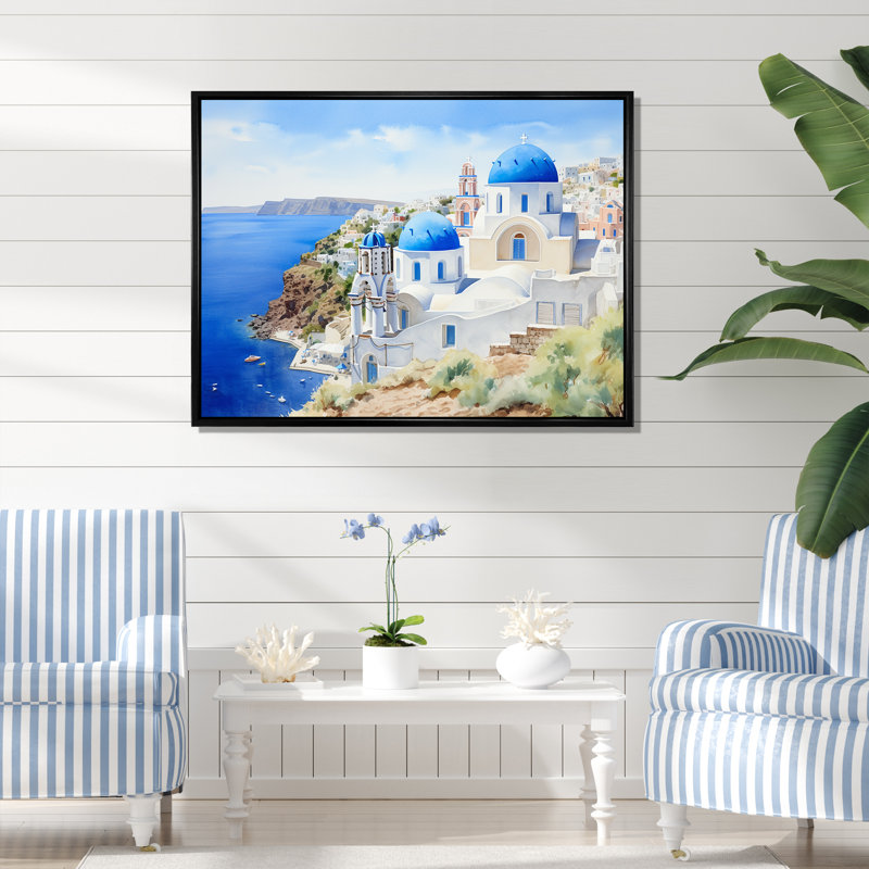 «Blue and White Greek Isles Village III - Grèce», art mural, Cadre flottant noir, H 16 po x l 32 po x P 1 po