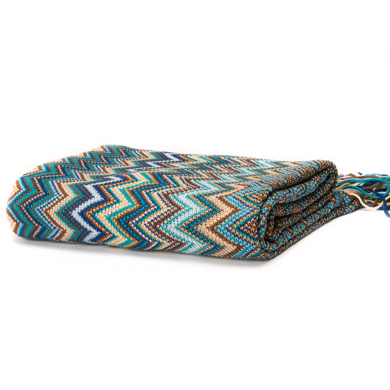 Boho Blue Chevron Knitted Throw Blanket with Tassels, 50"x60"