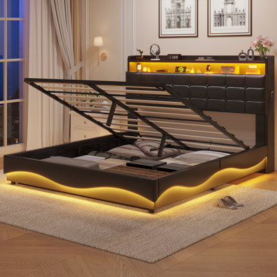 Base de lit avec rangement relevable avec station de charge et tête de lit cachée, lit plateforme tapissier avec rangement hydraulique