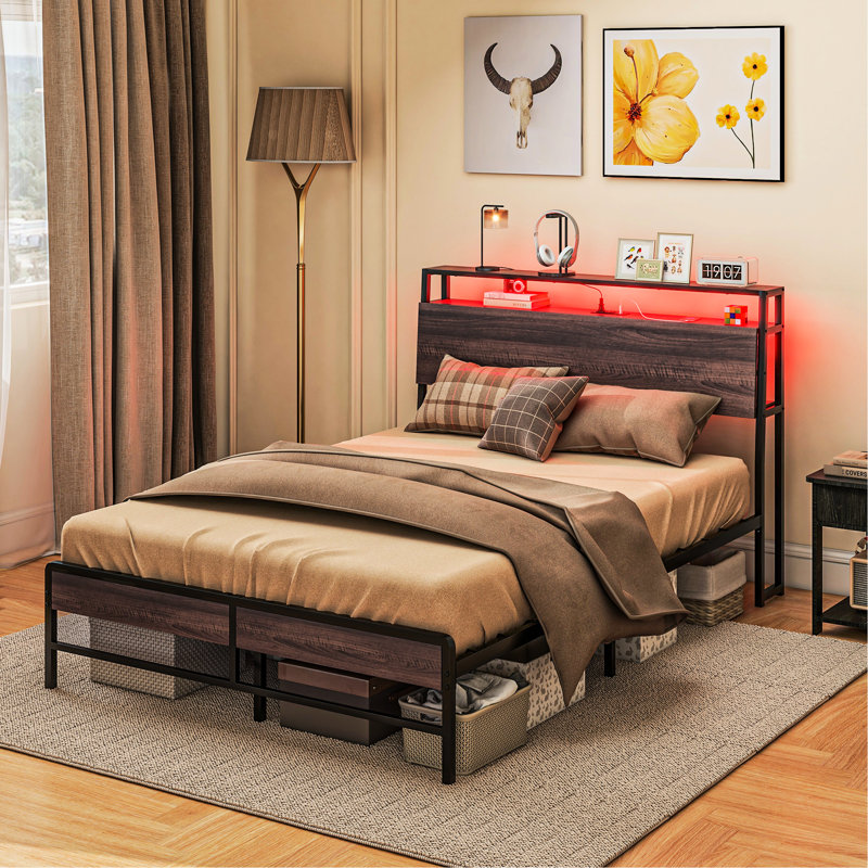 Walnut Bed Frame, Led Lights, Charging Station, 3 Storage Shelf, Steel, Supports Up To 730 Lbs, Noise- Assembly Frame , Lights & Station Included, Storage, Steel Slats, Easy Install,