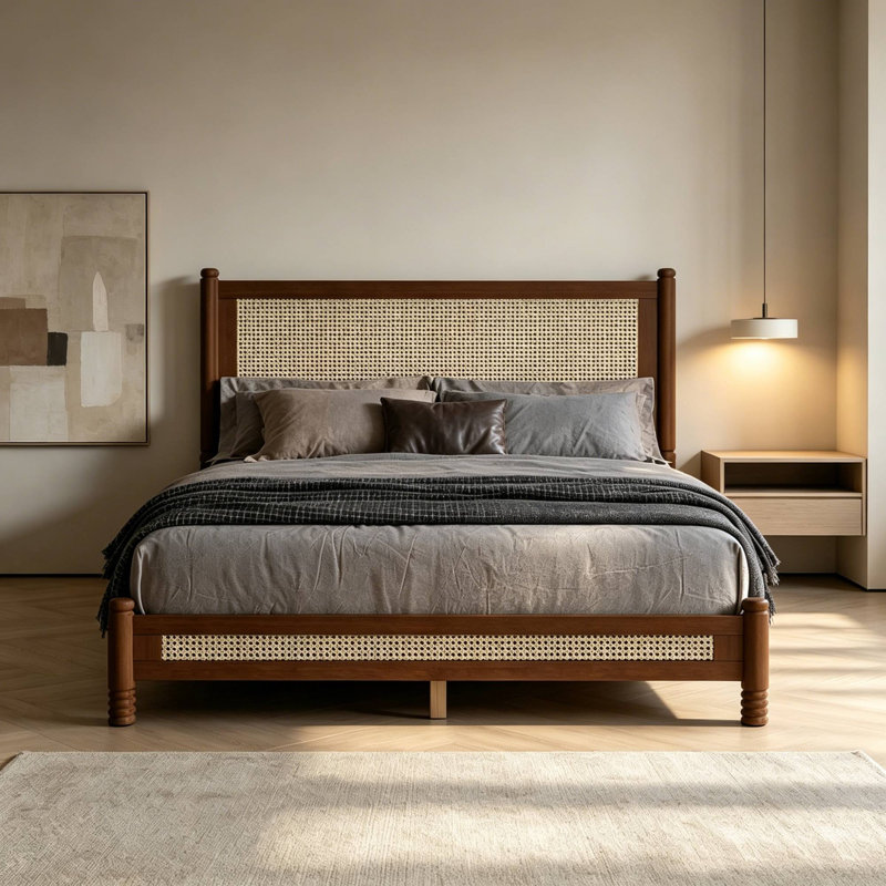 Cadre de lit plateforme en bois de style bohème avec tête et pied de lit en rotin tressé, Queen, Walnut