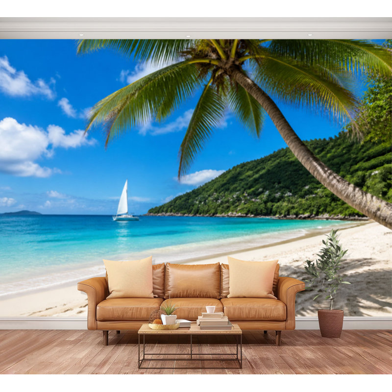 Papier peint adhésif à peler et à coller Sandy Beach Palm Tree Sail Boat, 100.08" L x 144" W