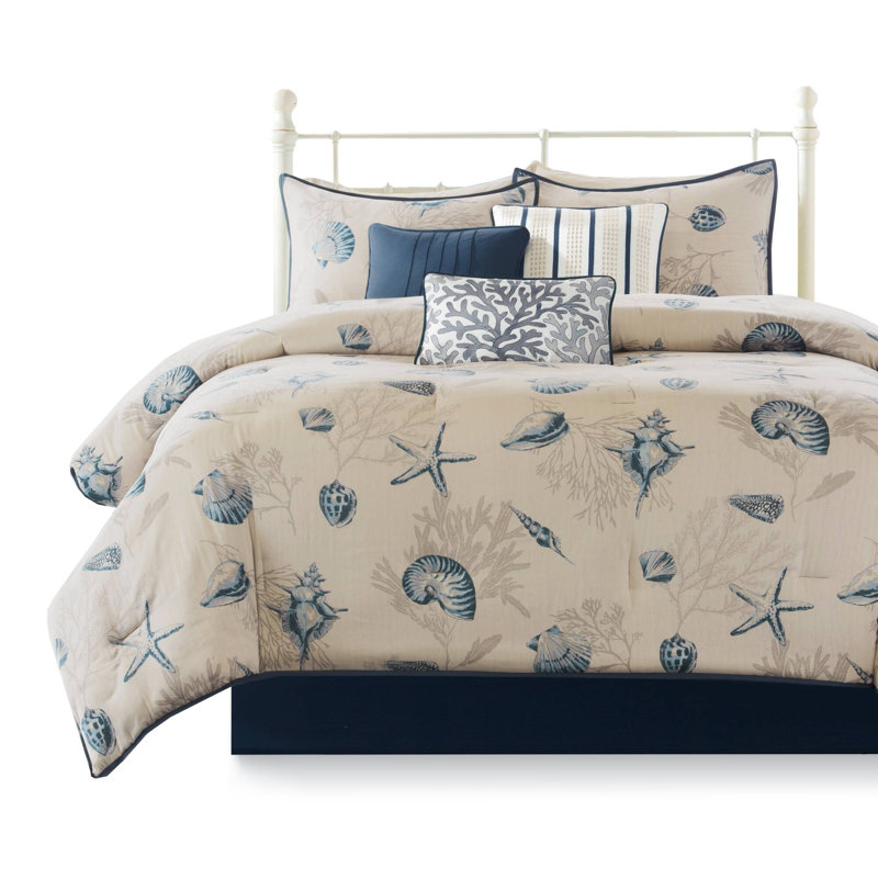 Bayside 7 Piece Coastal Cotton Sateen Comforter Set, King Comforter + 6 Additional Pieces