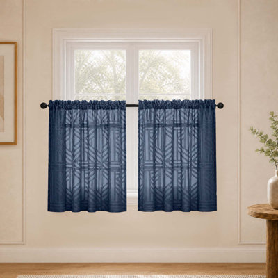 Navy Blue Sheer Kitchen Curtains 36 Inch Length Tier Curtains 2 Panels, Light Filtering Geometric Jacquard Clip Textured Semi Sheer Curtains Short Window Curtains for Bathroom, 42x36 inch