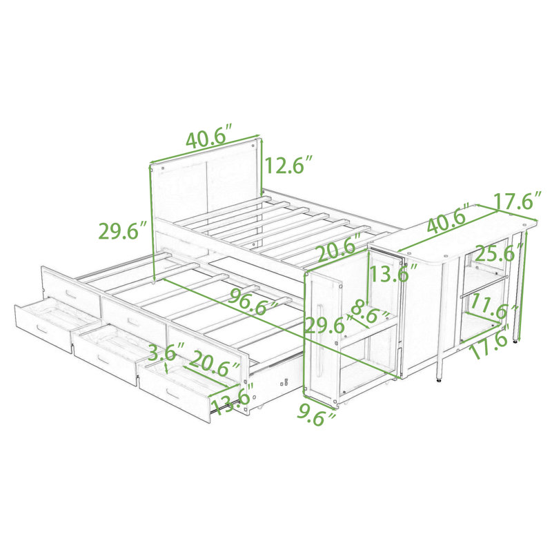 Lit plateforme simple avec lit gigogne simple et trois tiroirs de rangement, Blanc