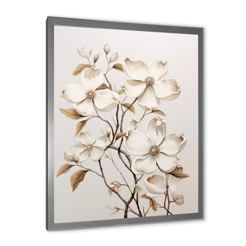 Paysage de cornouiller blanc en V sur toile, Cadre simple argenté, H 44 po x l 34 po x P 1,5 po