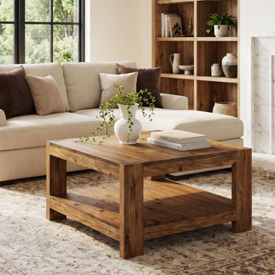 2-Tier Square Solid Wood Coffee Table, 31.5" Farmhouse Center Table with Storage Shelf for Living Room