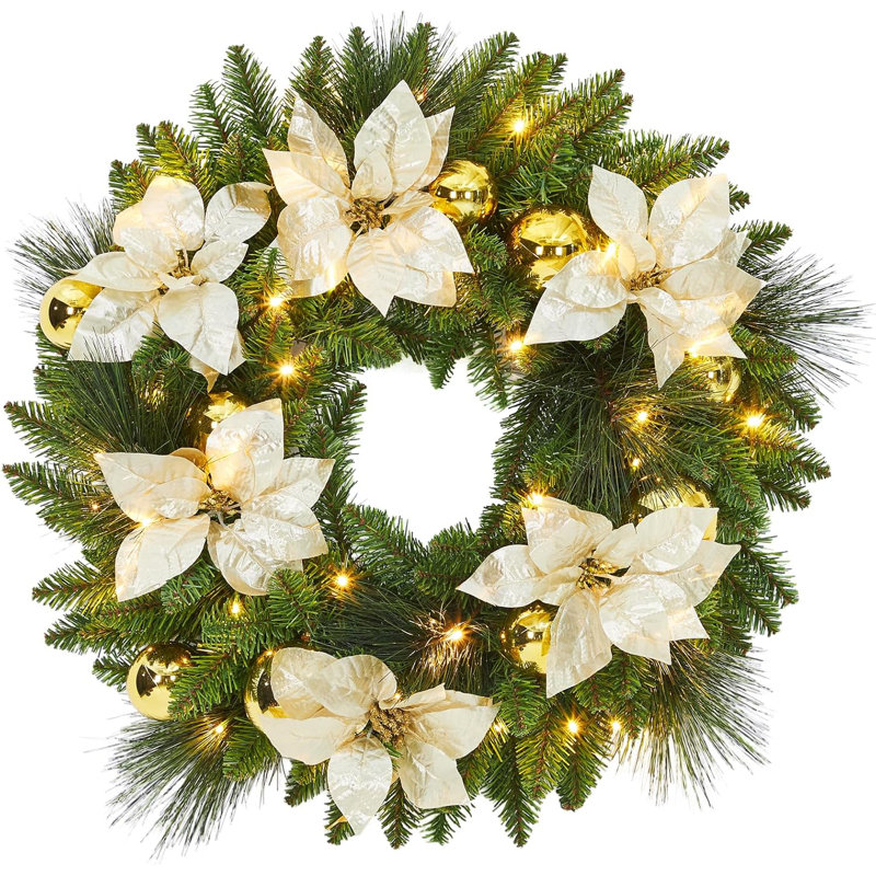 Couronne de Noël pré-éclairée à DEL, à piles avec lumières blanches chaudes, décoration de Noël ignifuge intérieure / extérieure en PVC