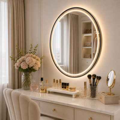 Miroir de salle de bain encadré rond rétroéclairé à DEL avec anneau de lumière givré, 3 lumières à intensité variable, anti-buée, verre incassable, commande tactile, miroir de meuble-lavabo mural