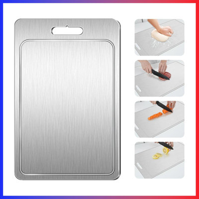 Planche à découper 100% titane pur - Planche à découper double face de qualité métallique pour viande, légumes et fruits avec rainure de jus