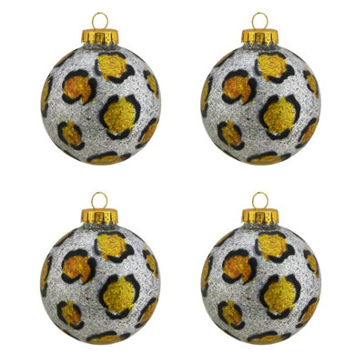 Diva Safari Silver & Gold Glitter Leopard Print Design Glass Ball Christmas Ornaments