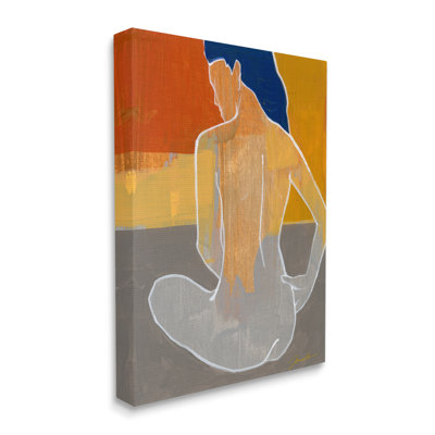 «Abstract Nude Silhouette Sitting Over Geometric Shape Collage» par Liz Jardine - Peinture sur toile
