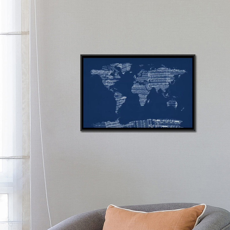 « world map sheet music » par michael tompsett, impression sur toile bleue, Toile avec cadre noir, Pas de tapis