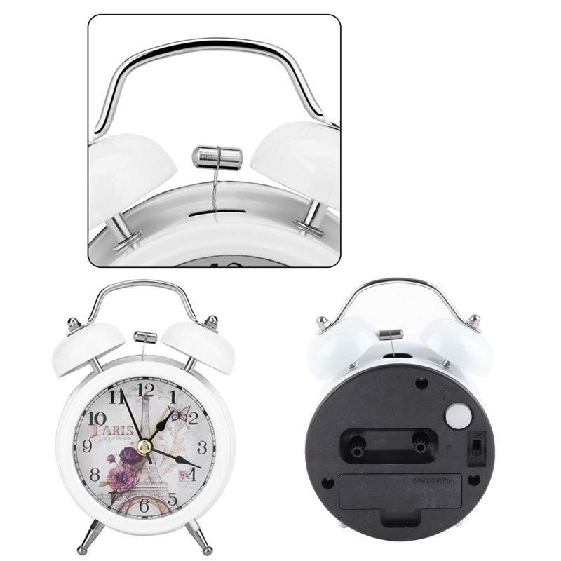 Mini-réveil numérique en métal silencieux avec lumière et clochette scintillante, idéal pour une chambre d'étudiant (blanc).