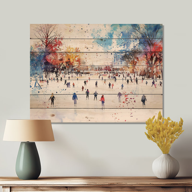 Patinoire I - paysage d'hiver, impression sur bois bleu sur bois de pin naturel, H 10 po x l 20 po
