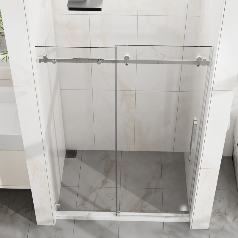 Porte de douche H 72 po, largeur 48 po, verre trempé transparent de 6 mm, revêtement résistant à l'eau, réglable, réversible, éclaboussures, coulissement lisse, cadre en acier coulissant facile à nettoyer, réglable de 44 à 48 po, étanchéité à l'eau,