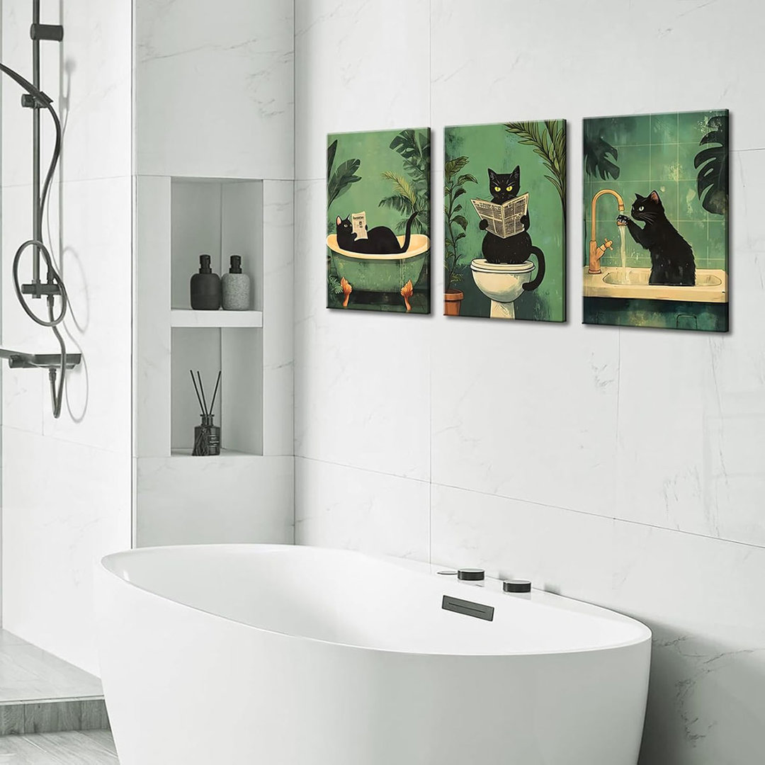 3Pcs Funny Black Cat Bathroom Canvas Wall Art Vintage Cat Wash Its Paws Reading Newspaper Posters Prints Modern Green Bathroom Decor Pictures Painting