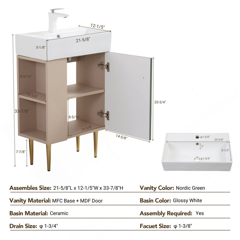 Meuble-lavabo à tablettes ouvertes de 21,6 po avec porte à fermeture douce, armoire de rangement à tablettes ouvertes sur le côté gauche, assemblage requis, blanc