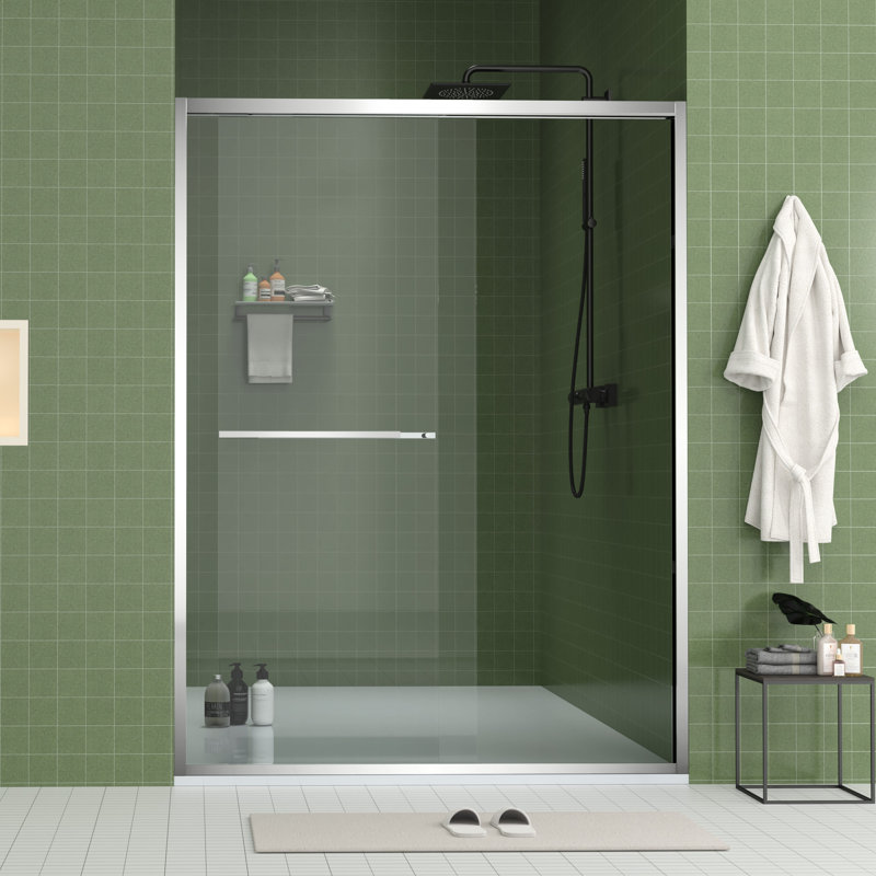 Enceinte de douche coulissante en verre à largeur réglable de 56 à 60 po avec verre trempé de 8 mm, conception à deux poignées, coffre-fort et porte de quincaillerie pour porte à rideaux transparents de 5/8 po de 8 mm, chanfrein