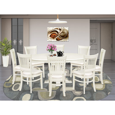 9-Piece Solid Wood Kitchen Table Set Includes an Oval Kitchen Table with Extension Leaf and Pedestal Base, 8 Linen Fabric Parson Chairs, Simple Assemble, Slatted Back, 66x48 inch, Linen White