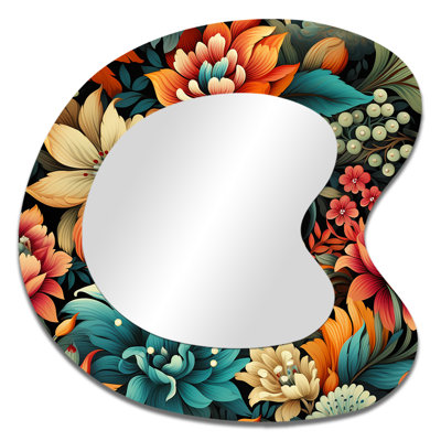 Flowers Boho Damask Dreams - Tropical Irregular Shape Unique Mirror, Blue Asymmetrical Large Wall Mirror, Printed Metal Art