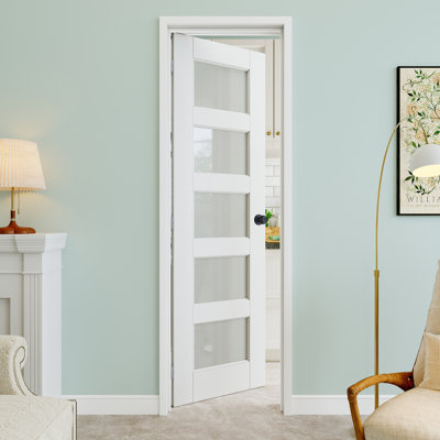 24" x 96" 5-Lite Frosted Glass Interior Prehung Door with Round Knob and Silver Hinges, Privacy Glass Door Slab, Paintable & Waterproof, Suit for Laundry, Closet Doors, Room Doors, Left Hand