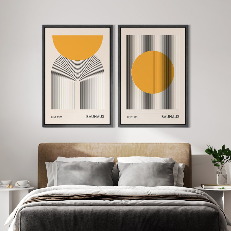 Mid Century Modern Boho Bauhaus Solar Sun Abstract Art Decor Framed On Canvas 2 Pieces Print, 24" H x 32" W x 1.5" D, Black