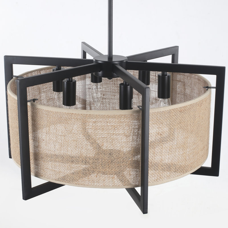 Lustre cylindrique en rotin tissé à la main à 6 lumières de style bougie Nekoosa, Noir mat