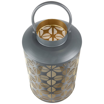 Laser-Cut Large Iron Candle Lantern With Handle - 15.25" - Gray And Gold