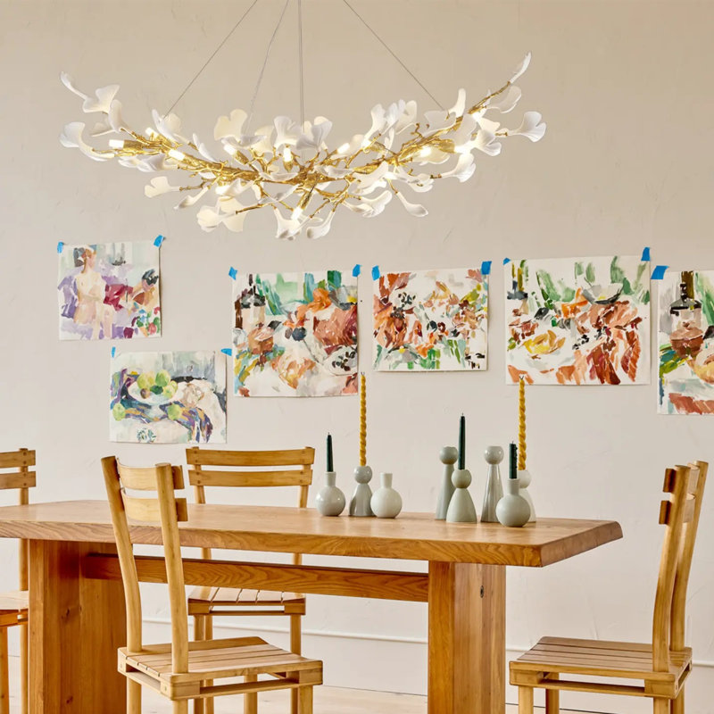Lustre en ginkgo en céramique à 16 branches à intensité variable pour salle à manger, L 55 po