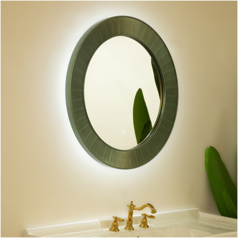 Miroir de 31 po Cyclis, miroir décoratif en polyuréthane à cadre vert épais, trois températures de couleur disponibles, convenant à la salle de bain, à la chambre à coucher, au salon, au couloir, au vestibule, etc.