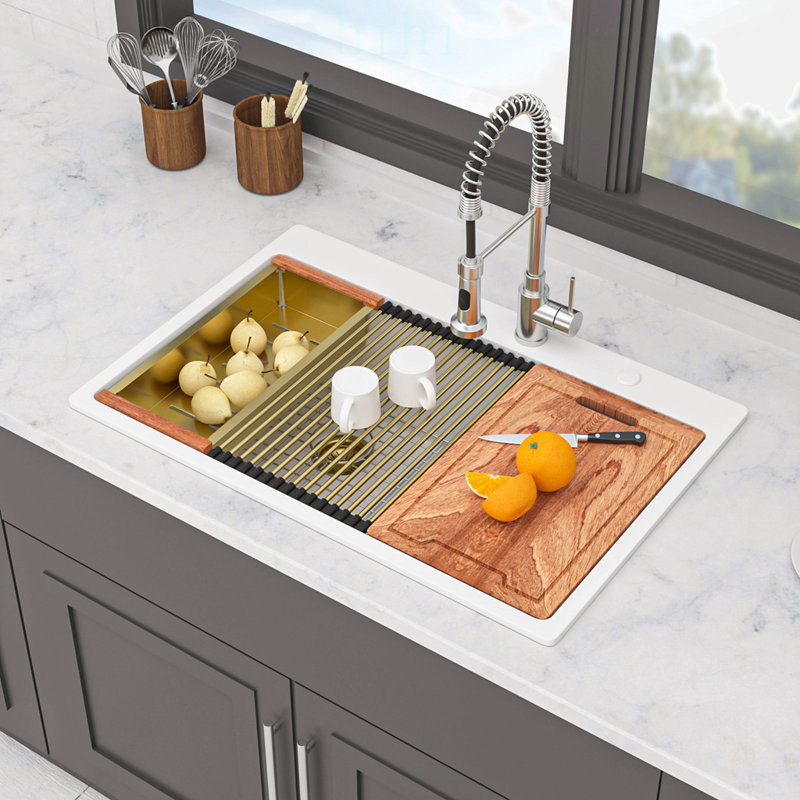 Évier de cuisine en quartz composite blanc granité - 84 x 56 cm, cuve double 60/40, conception silencieuse et hygiénique
