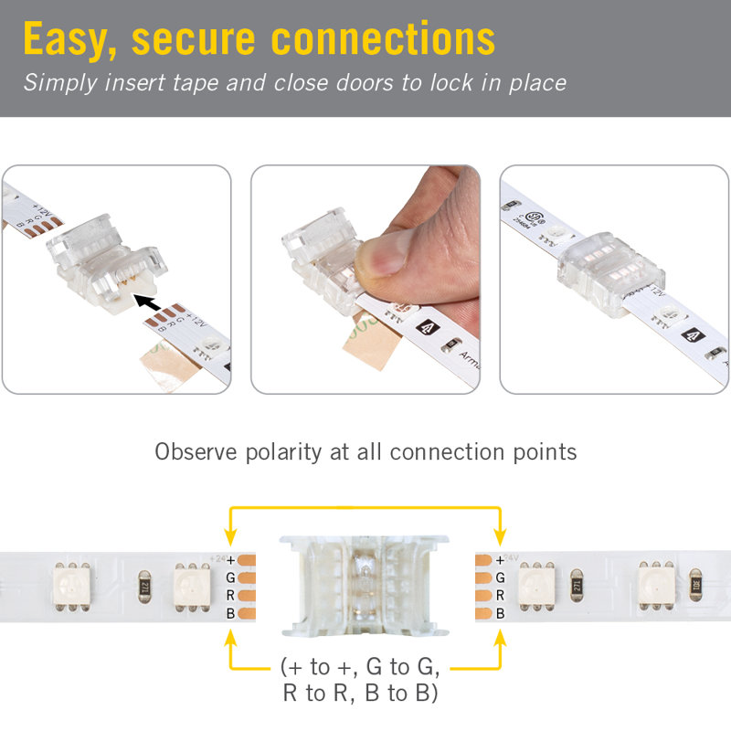 Connecteurs de ruban lumineux à bande 4 broches à fil RVB WireGrip, paquet de 6