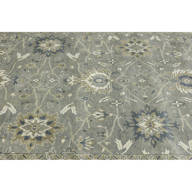 Floral Handmade Hand-Knotted Rectangle 9'1" x 11'10" Wool Area Rug in Cream